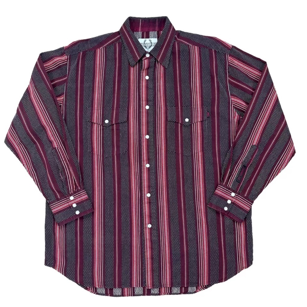 Cowboy Up Western Pearl Snap Shirt Mens Medium Long Sleeve Striped Red Burgundy